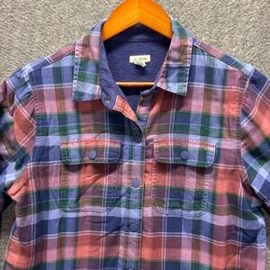 LL Bean Womens XS Fleece Lined Flannel Shirt Jacket Plaid Purple Pink 505597